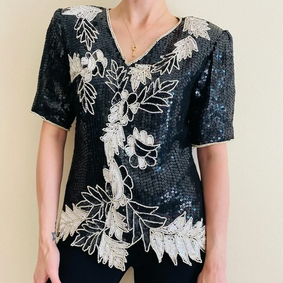 Stenay Vintage beaded 100% silk short sleeve sequins top - Picture 3 of 7